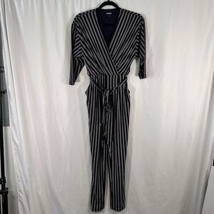 Express Jumpsuit Women's XS Blue Red Striped Belted 3/4 Sleeve V-neck